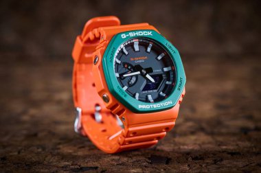 Varna, Bulgaria - January 10, 2023: a Casio G-SHOCK GA-2110 SC on wooden background