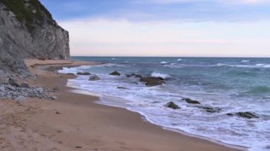 Sandy seashore and white rock in the background. Byala Bulgaria nobody