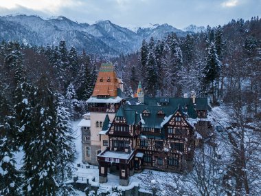 Aerial view of Pelisor castle in winter. Sinaia, Prahova county, Romania.