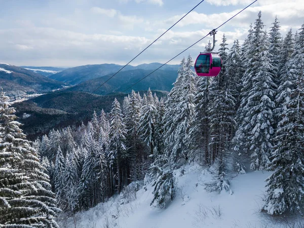 Modern ski lift gondola against snowcovered fir forest and mountains, no people