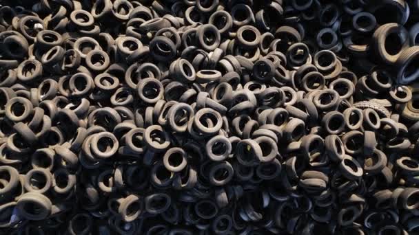 Aerial Top View Old Tires Dump Many Car Truck Tires — 비디오