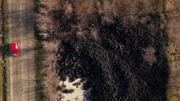Aerial View Old Tires Dump Highway Many Car Truck Tires — 图库视频影像