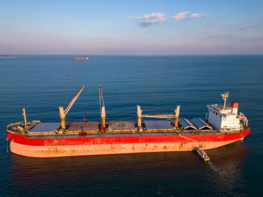 Aerial top view of Large general cargo ship tanker bulk carrie