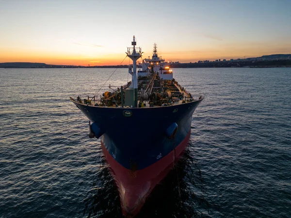 Letecký Top Pohled Ropná Loď Tanker Dopravce Olej Moři Při — Stock fotografie