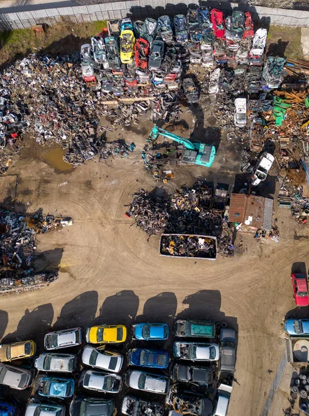Aerial View Car Dump Machine Seen Separating Old Cars Scrap — Stock Photo, Image