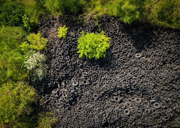 Aerial Top View Stark Contrast Massive Landfill Used Car Tires — Stock Photo, Image