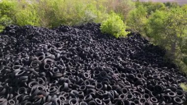 Kullanılmış araba lastikleriyle çevreleyen yeşil ağaçlar arasındaki katı kontrastın havadan görünüşü. Lastik damlalarının büyüklüğü çarpıcı, insanların olumsuz etkilerini vurguluyor.