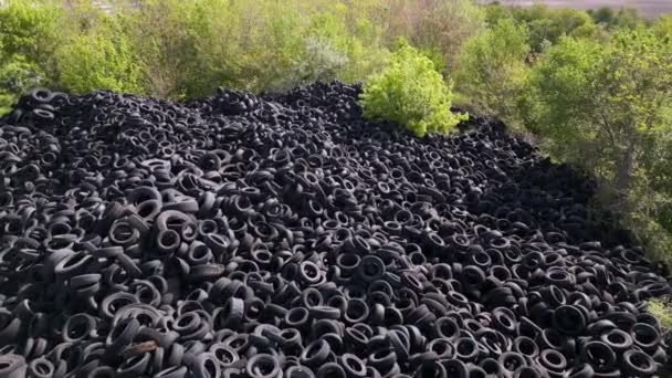 Aerial Top View Stark Contrast Massive Landfill Used Car Tires — Stock Video