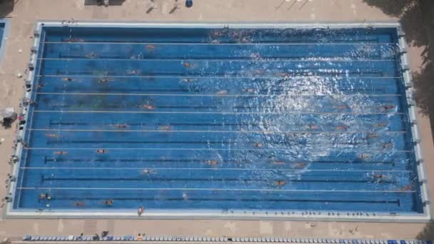 Otevřený Sportovní Bazén Třpytil Pod Jasným Sluncem Když Lidé Plavali — Stock video