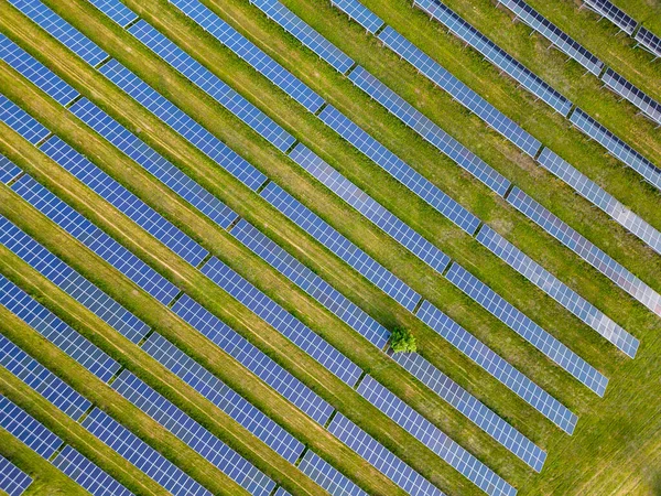 Großes Solarkraftwerk Auf Der Grünen Wiese Luftaufnahme — Stockfoto
