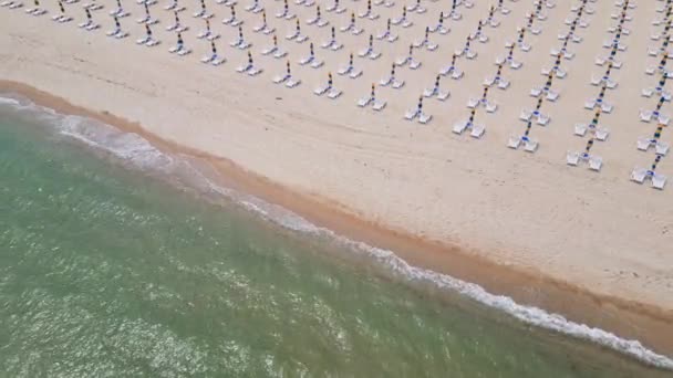 Podél Moře Táhne Písečná Pláž Ozdobená Prázdnými Lehátky Leteckého Hlediska — Stock video