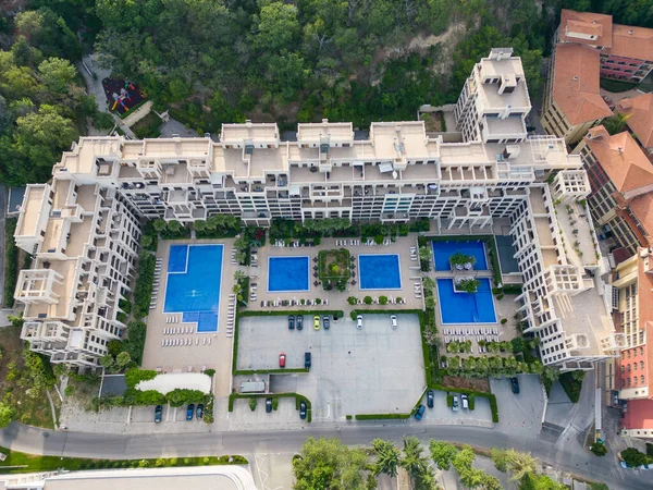 Aerial Top View Beautiful Luxury Outdoor Swimming Pool Hotel Resort — 스톡 사진
