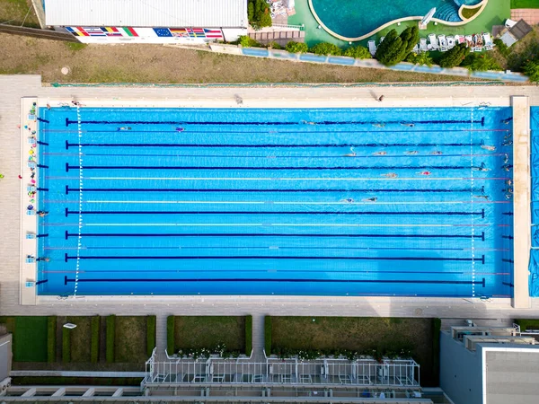 Сверху Можно Увидеть Группу Пловцов Тренирующихся Спортивном Бассейне Вид Воздуха — стоковое фото