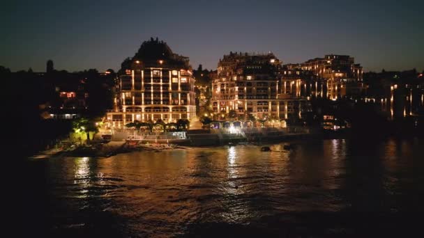 Noaptea Dronă Dezvăluie Luxos Hotel Litoral Coasta Bulgară Luminile Creează — Videoclip de stoc