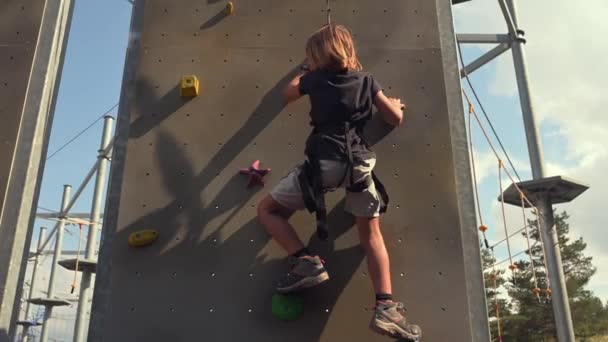 Довгошерстий Хлопчик Вміло Піднімається Скелелазною Стіною Під Відкритим Небом Освоюючи — стокове відео