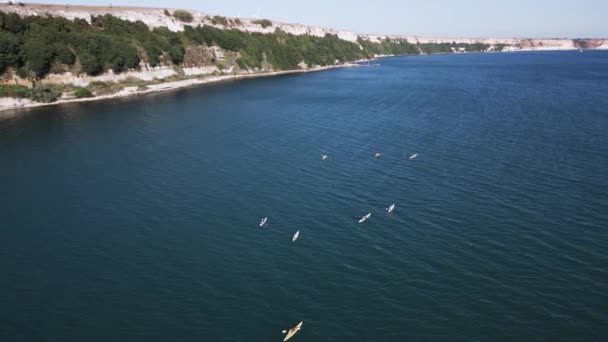 Letecký Pohled Skupinu Námořních Kajakářů Kteří Cestují Přes Modré Moře — Stock video