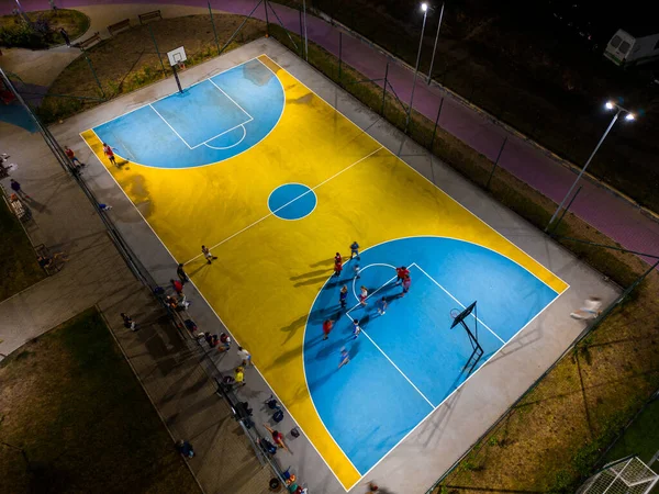 Evening Aerial Top View Sports Ground Children Practicing Basketball — Stock Photo, Image