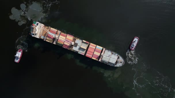 Aerial Top View Container Ship Seen Assisted Two Tugboats Departs — Stock Video