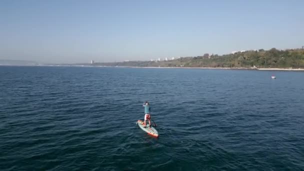 Вид Воздуха Человека Который Весит Весло Доску Sup Спокойном Море — стоковое видео