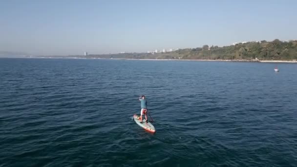 Aerial View Man Paddling Stand Paddleboard Sup Board Calm Sea — Stock Video