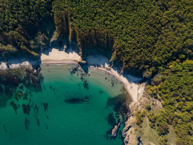 Bulgaristan 'daki Karadeniz' in kayalık, vahşi kıyılarının uçurumları, plajları ve yeşil ormanlarıyla hava manzarası.