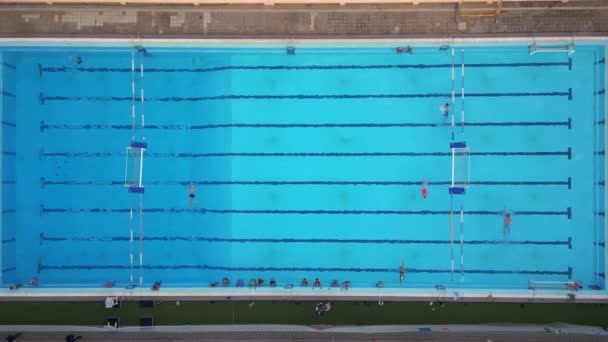运动员训练水球的空中无人侦察机俯瞰游泳池 — 图库视频影像