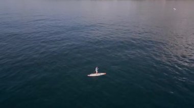 Durgun bir denizde kürek çeken bir adamın ya da SUP tahtasının havasından bakın..