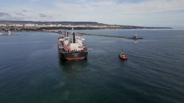 大規模な貨物船バルクキャリアは タグボートを伴う海港を離れ 空中ビュー — ストック動画