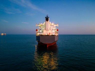 Denizde büyük bir kargo gemisi ahşap parçaları taşıyıcısı, hava manzaralı..