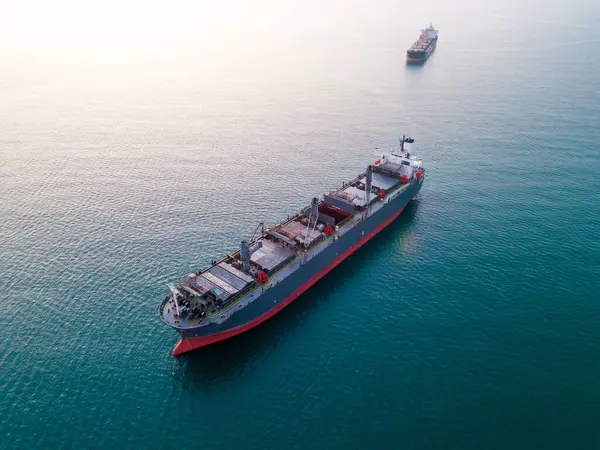 A massive cargo ship wood chips carrier in the sea, aerial view.