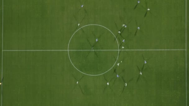 Uma Visão Olhos Pássaros Campo Futebol Ação Com Jogadores Correndo — Vídeo de Stock
