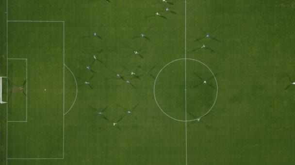 Uma Visão Olhos Pássaros Campo Futebol Ação Com Jogadores Correndo — Vídeo de Stock