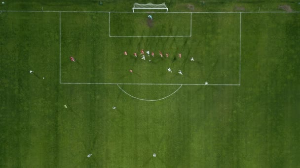 足球场的空中景观 运动员跑步 传球和进球 — 图库视频影像