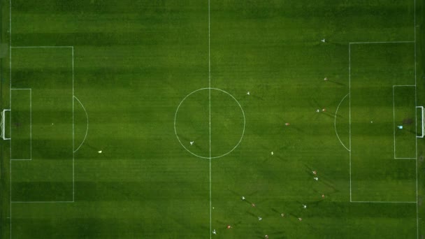Aerial View Soccer Field Action Players Running Passing Scoring Goals — Stock Video