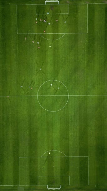 Αεροφωτογραφία Ενός Γηπέδου Ποδοσφαίρου Δράση Τους Παίκτες Τρέχουν Περνούν Και — Αρχείο Βίντεο