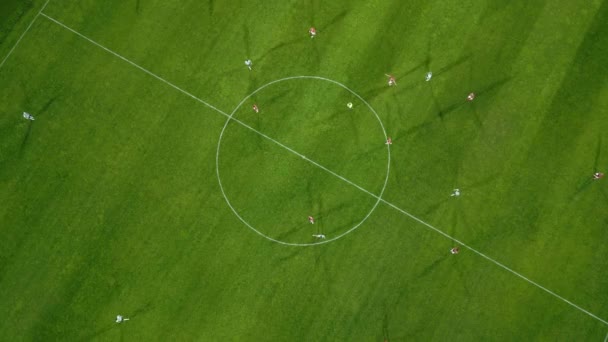 Воздушный Вид Футбольного Поля Действии Игроками Бег Прохождение Забив Голы — стоковое видео