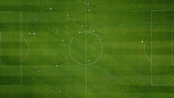 Luchtfoto Van Een Voetbalveld Actie Met Spelers Die Rennen Passeren — Stockvideo