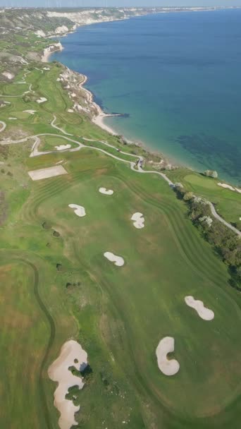 在大海的背景下探索高尔夫球场 从上方捕捉茂密的绿色风景 — 图库视频影像