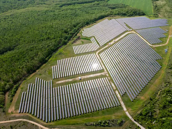 Вид Беспилотника Солнечную Электростанцию Рядом Лесом Летом Возобновляемая Энергия Отвечает Лицензионные Стоковые Изображения