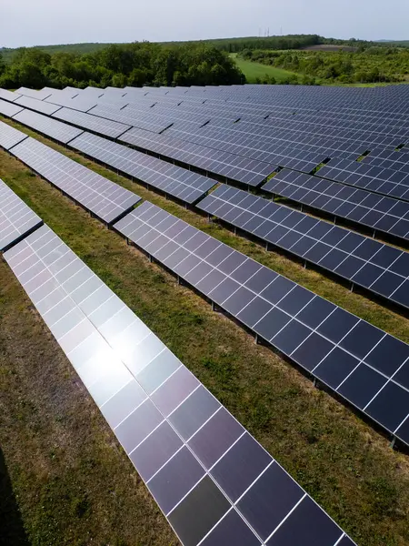 Вид Беспилотника Солнечную Электростанцию Рядом Лесом Летом Возобновляемая Энергия Отвечает Стоковое Изображение