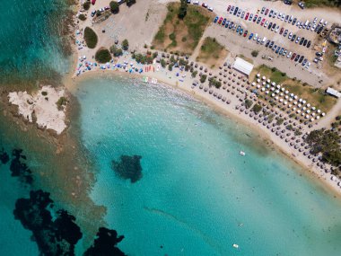 Yunanistan 'ın Sithonia kentindeki renkli şemsiyeler, güneşlikler ve açık turkuaz suların tadını çıkaran plaj sakinlerinin canlı yaz atmosferini yakaladığı canlı bir sahil manzarası..