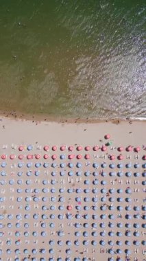 İHA videosu, sahilin tepesinden aşağıya doğru renkli şemsiyelerin sıralandığı sahilin sahil şeridinin yanındaki kumsala mükemmel bir şekilde dizilmiş halini çekiyor. Canlı sahne yaz rahatlığını sergiliyor.