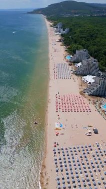 Sırayla dizilmiş şemsiyeler, güneş banyosu ve su aktiviteleriyle dolu geniş bir plajın insansız hava aracı videosu. Hava manzarası, deniz kıyısındaki tatil beldesindeki bir yaz gününün canlı atmosferini yakalar. Albena, Bulgaristan.