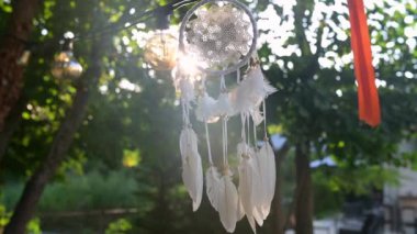 Güneş ışığı beyaz tüylü narin bir düş kapanı aracılığıyla parlıyor, dışarıda asılı duruyor. Boho temalı tasarımlar, doğa geçmişi ve barışçıl dekorasyon kavramları için mükemmel..