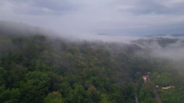 Bulgaristan 'ın Strandzha Ulusal Parkı' ndaki sisli orman dağları üzerinde uçan insansız hava aracı görüntüsü. Sisli manzaralar ve yeşil ormanlar doğada barışçıl ve mistik bir atmosfer yaratır..