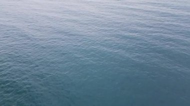 Sakin bir okyanus yüzeyi, berrak gökyüzünün altındaki güneş ışığını yansıtır ve suyun sakinliğini vurgular. Sahne öğle vakti huzur ve dinginlik hissi veriyor..