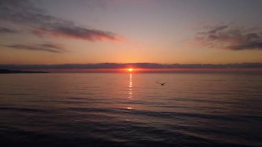 Sakin okyanus suları üzerinde sersemletici bir gün doğumunun sakin bir görüntüsü. Huzurlu bir ufuk ve sıcak altın tonlarını yansıtan ince bulutlar..