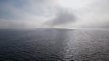 Sakin suda sisli bir gün, görüş mesafesi çok düşük. Sakin ve atmosferik deniz manzarası. Hava, ruh hali, doğa ve manzara görselleri için harika..