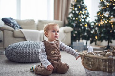 Genç bir çocuk, neşeli Noel ağaçları ve parıldayan ışıklarla süslenmiş sıcak ve davetkar bir oturma odasının yumuşak halısında oynar, neşeli bir tatil atmosferi sergiler..