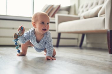 Neşeli bir bebek, iyi aydınlatılmış bir oturma odasında, ahşap bir zeminde sürünüyor. Ufaklık renkli bir oyuncak tutuyor, rahat bir ortamda merak ve oyun sergiliyor..